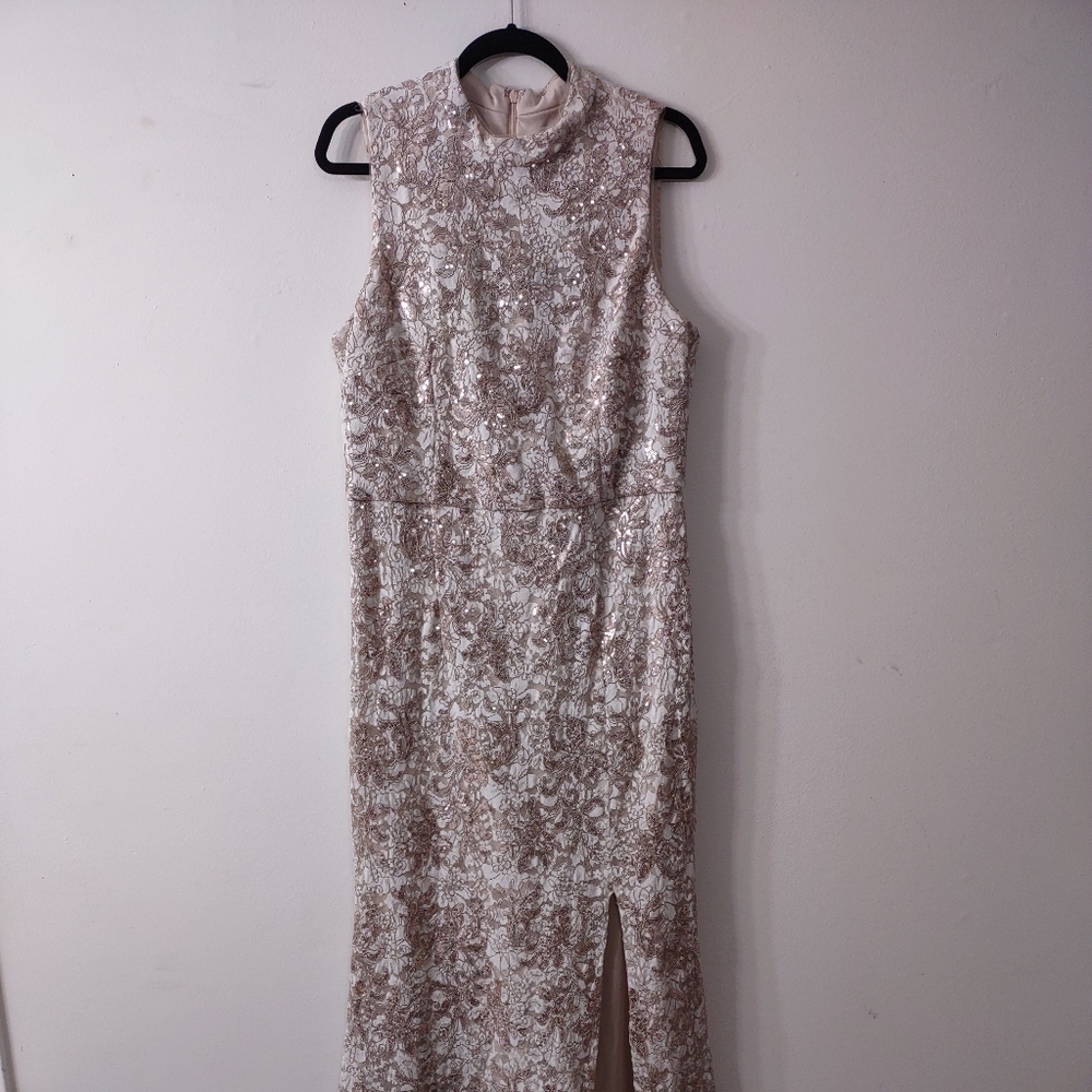 JS Collections Cream Nude Lace and Sequin Evening Dress, Size 14